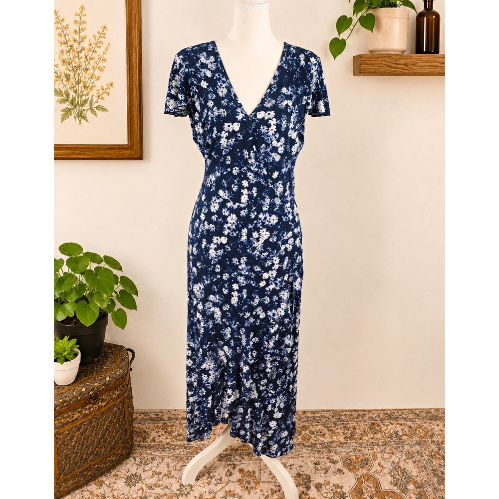 Juicy Couture Navy Floral Maxi Dress Y2K Cottagecore Short Sleeve V-Neck Sz M